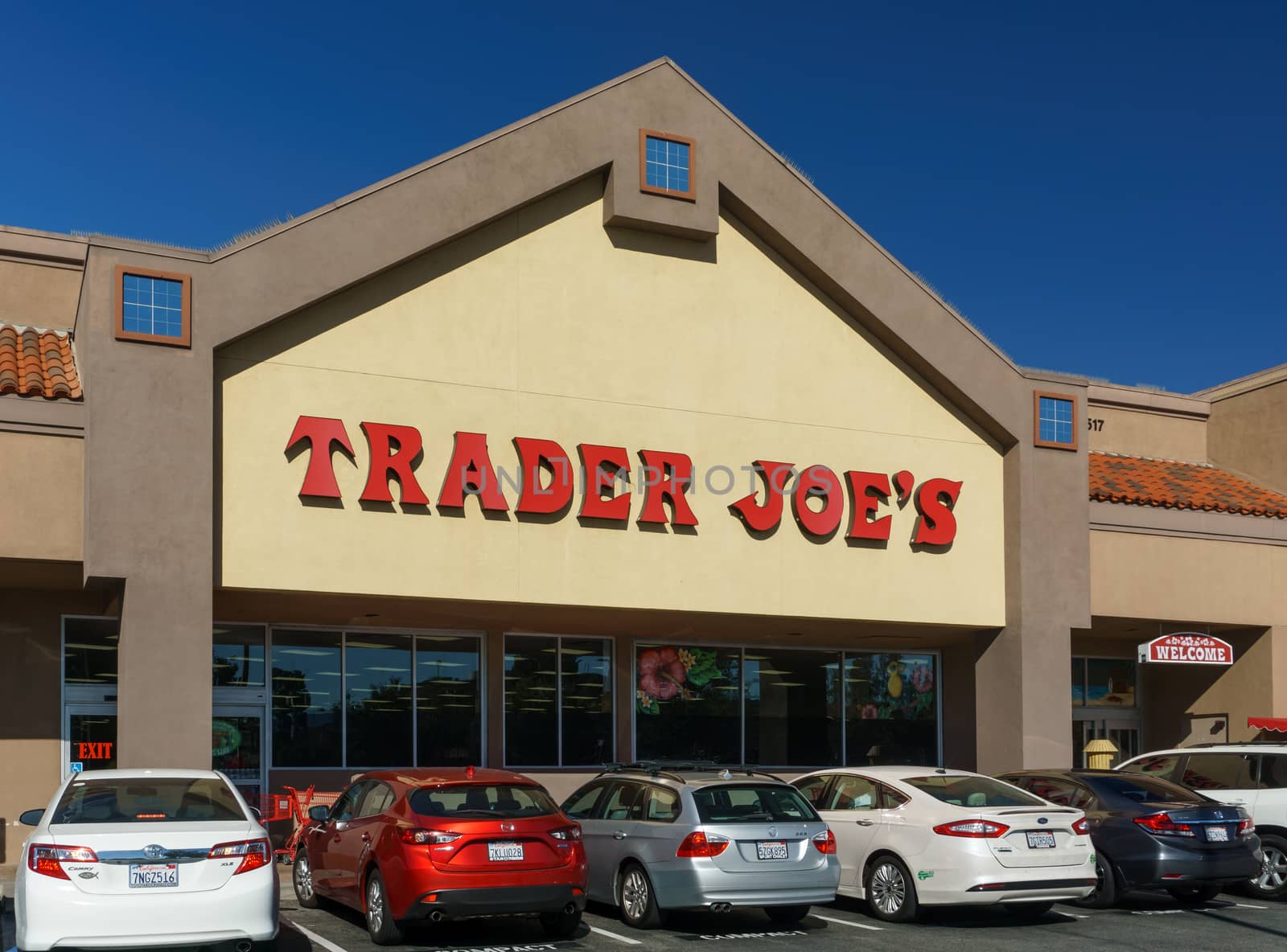 SANTA CLARITA,CA/USA - OCTOBER 31, 2015: Trader Joe's  exterior and sign. Trader Joe's is an American privately held chain of specialty grocery stores headquartered in Monrovia, California.