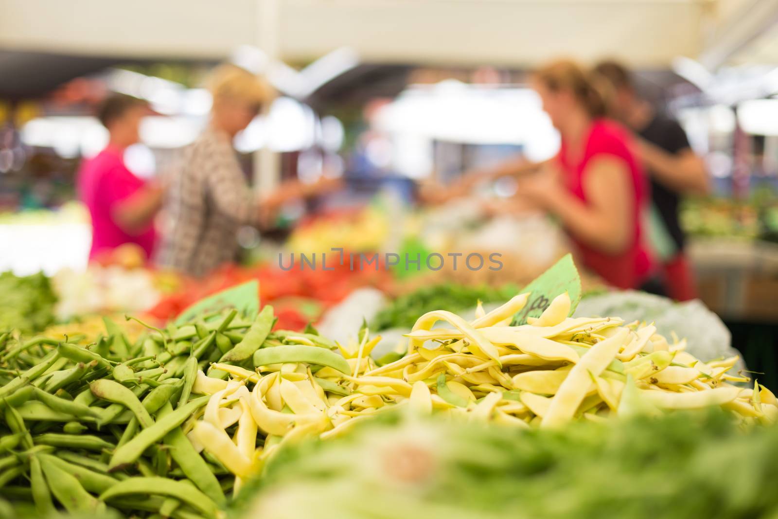 Farmers' food market stall with variety of organic vegetable. Vendor serving and chating with customers.
