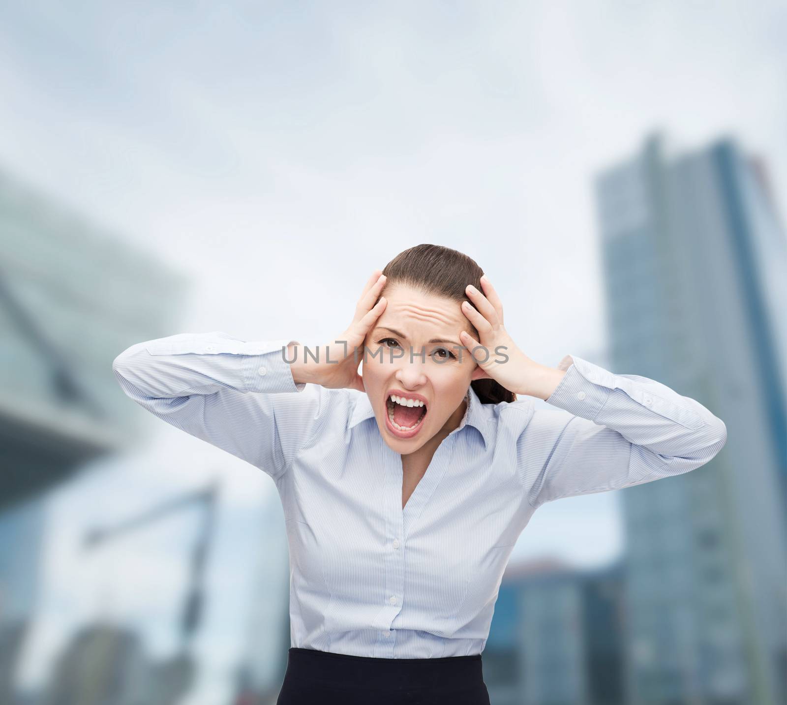 angry screaming businesswoman outdoors by dolgachov