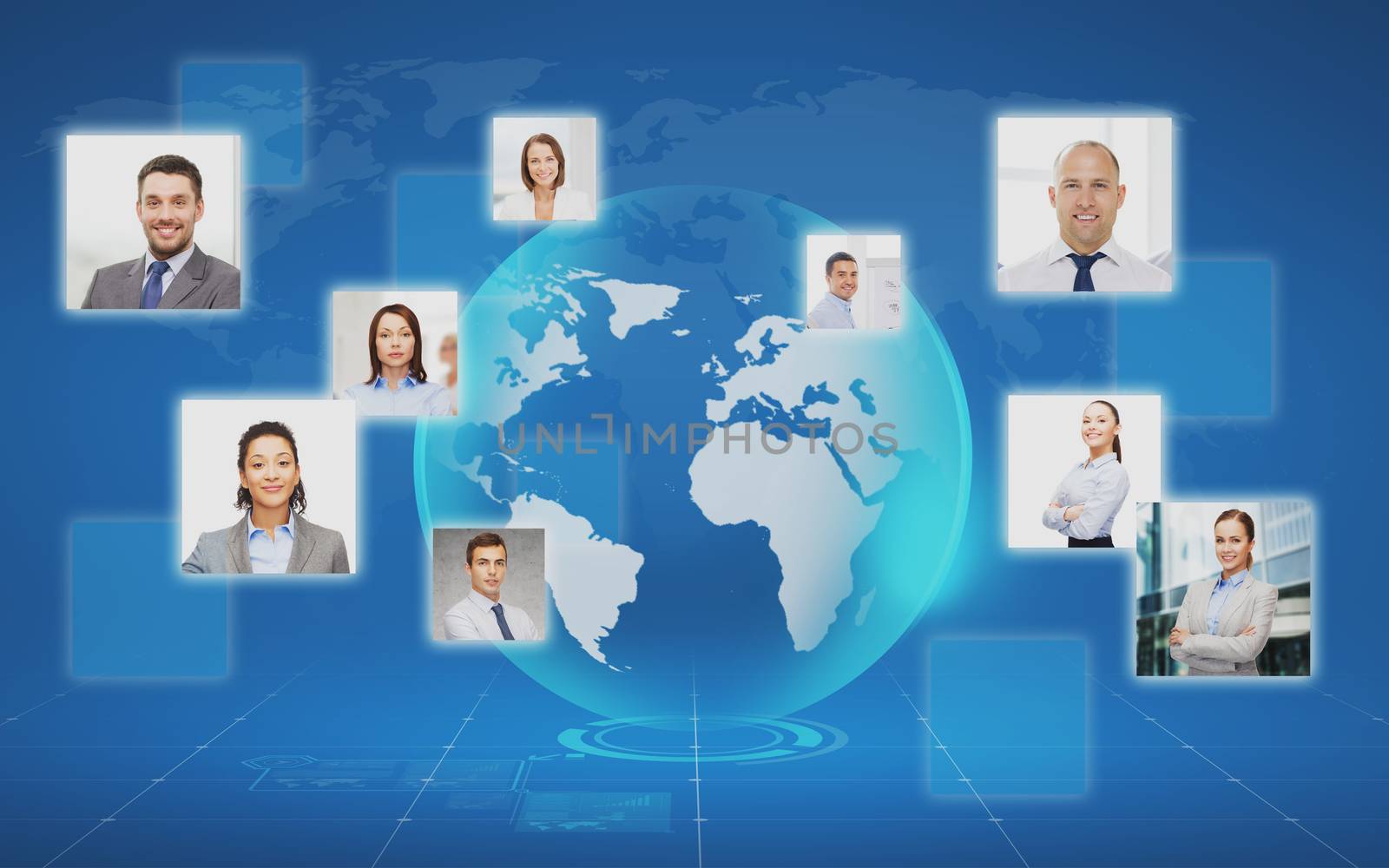 business, people, social network and head hunting concept - pictures of businesspeople over world map and blue background