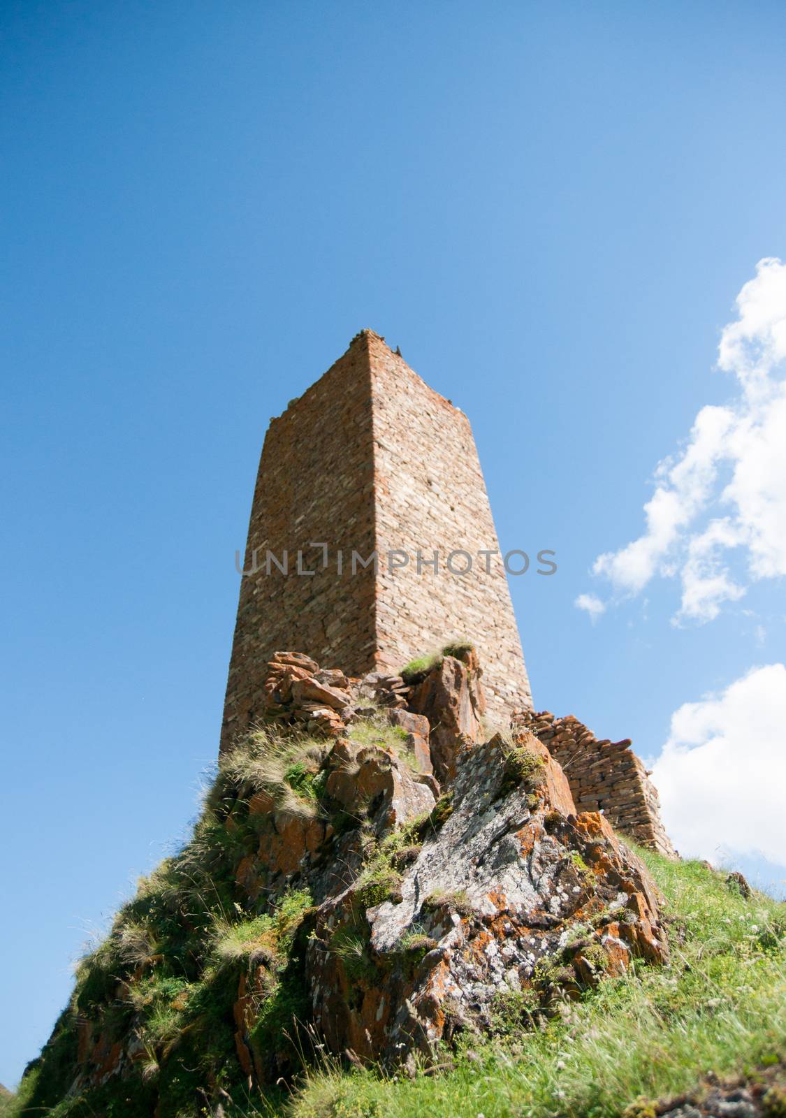 Ruins of old village in Georgia mountains canyon