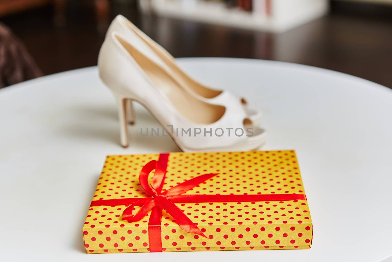 The white wedding shoes for women. Shallow dof