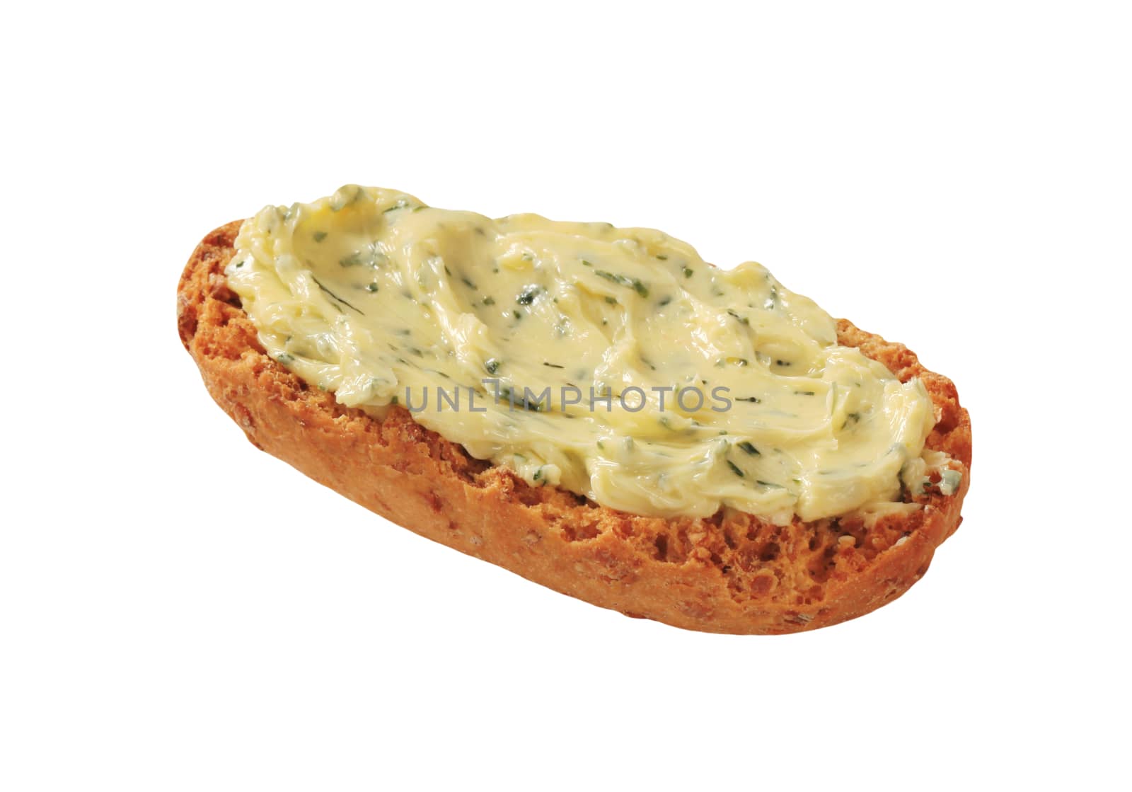 Crisp roll with herb butter isolated on white