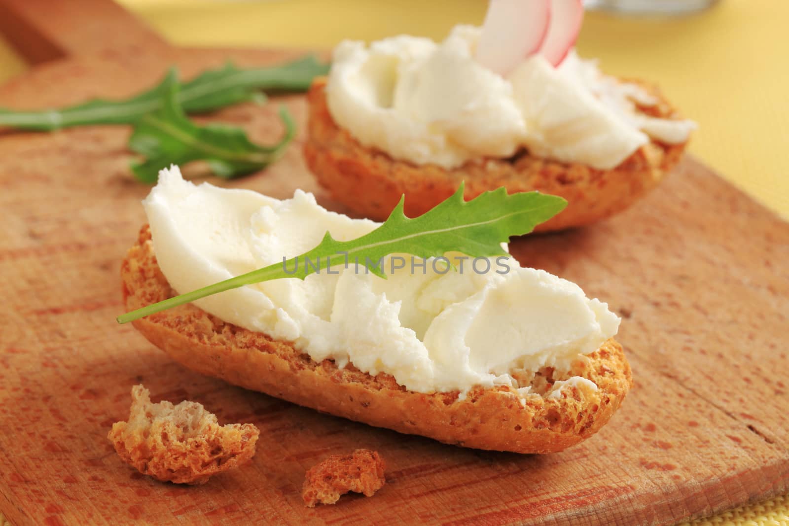 Crispy rolls and cheese spread - closeup