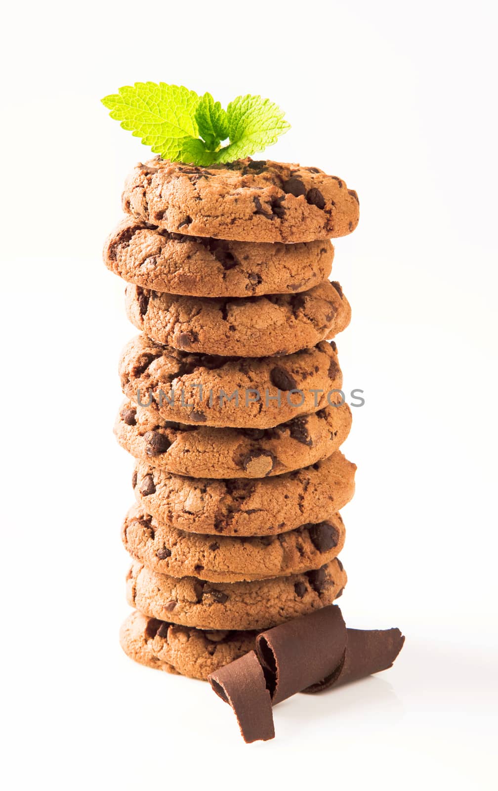 Stack of chocolate chip cookies on white
