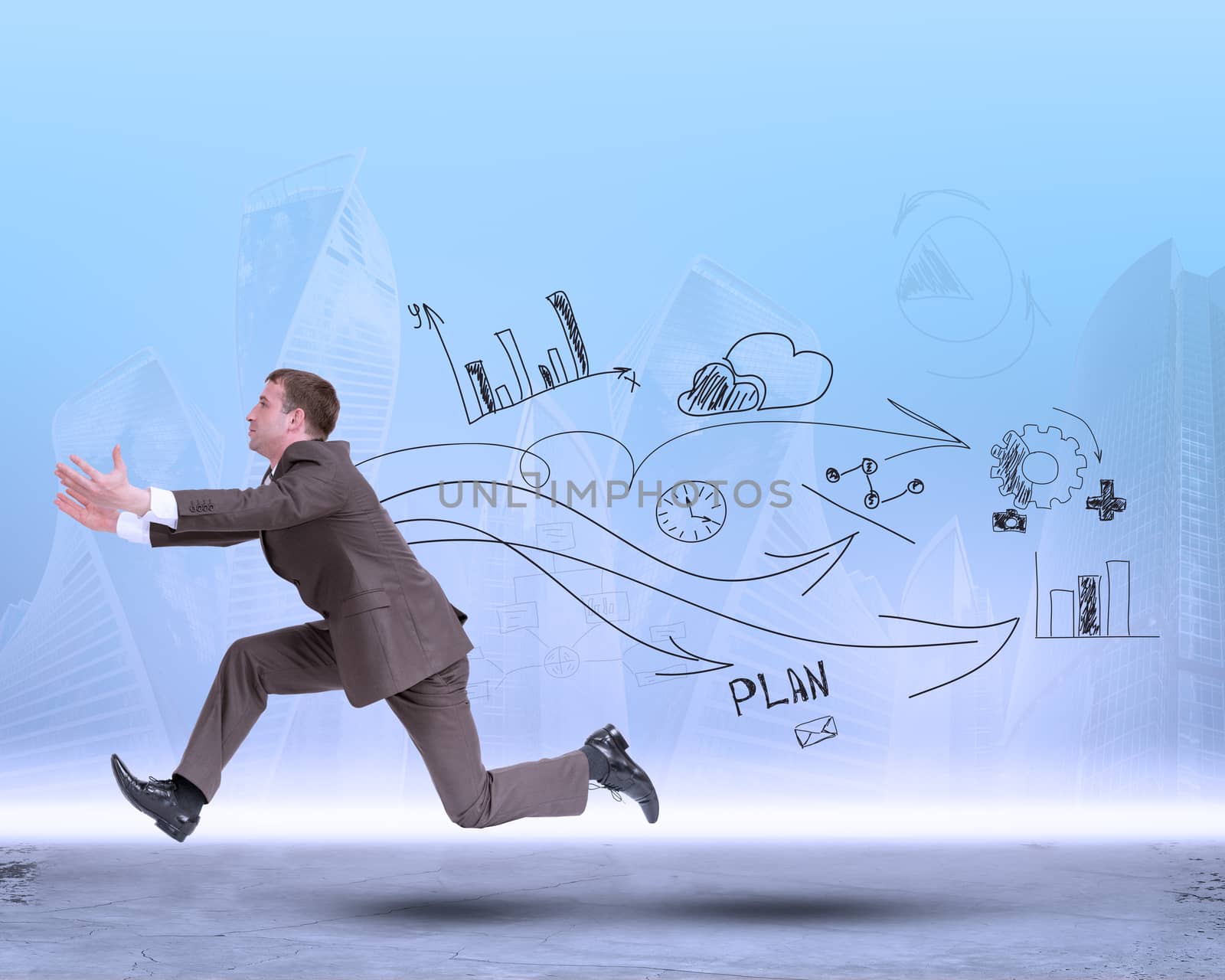 Businessman running fast with empty hands by cherezoff