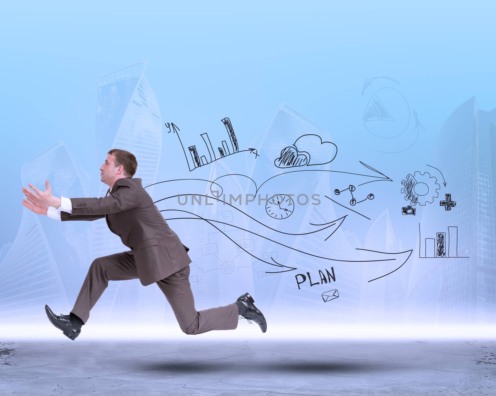 Businessman running fast on abstract background with symbols