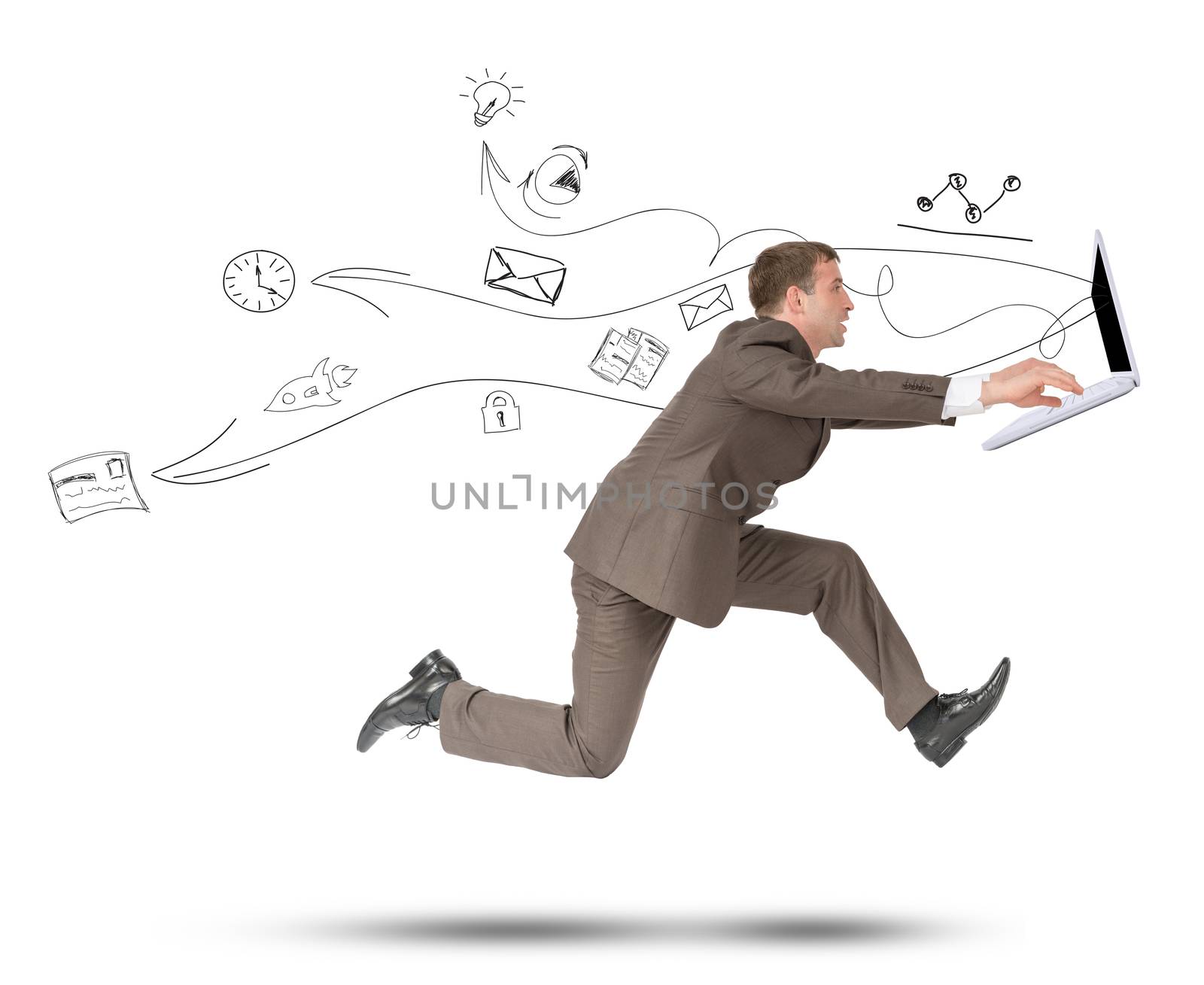 Businessman running fast with laptop on isolated white background