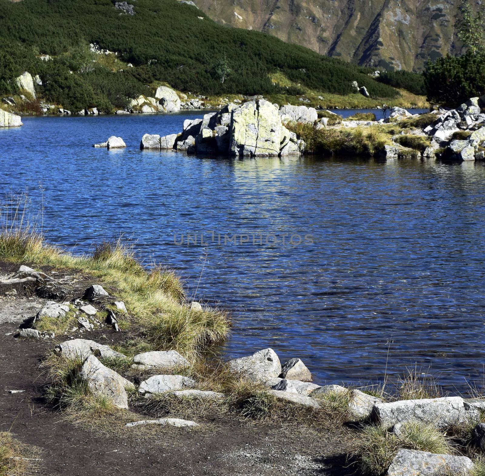 background detail Autumn mountain lakes with blue surface