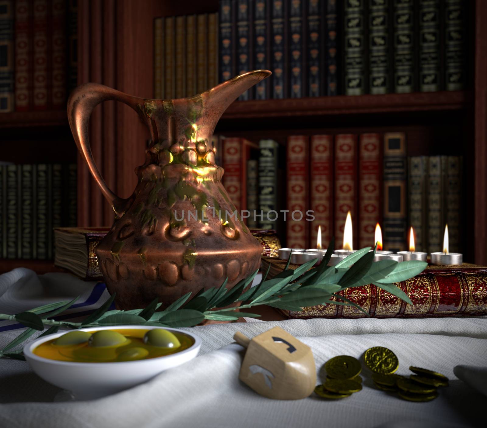 hanukkah close up with candles, old books, spinning top and olives by denisgo