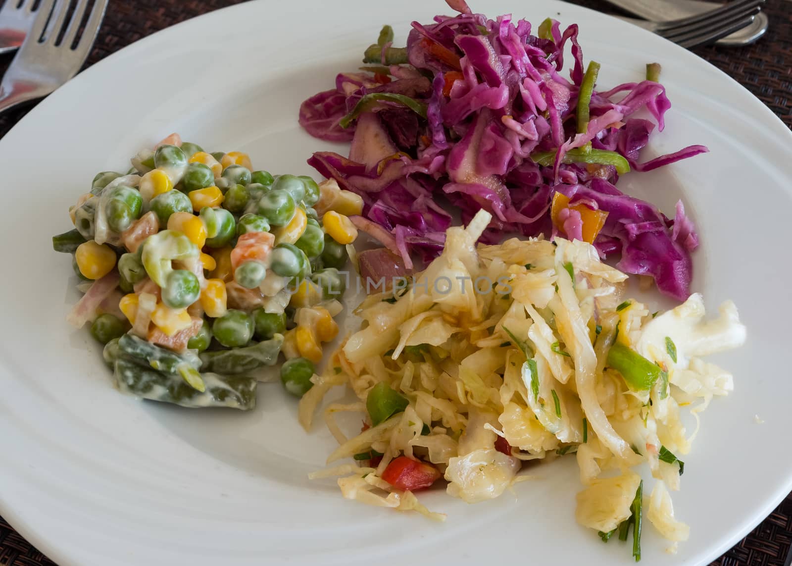 Pictured are three types of salads served on white dish at the restaurant.