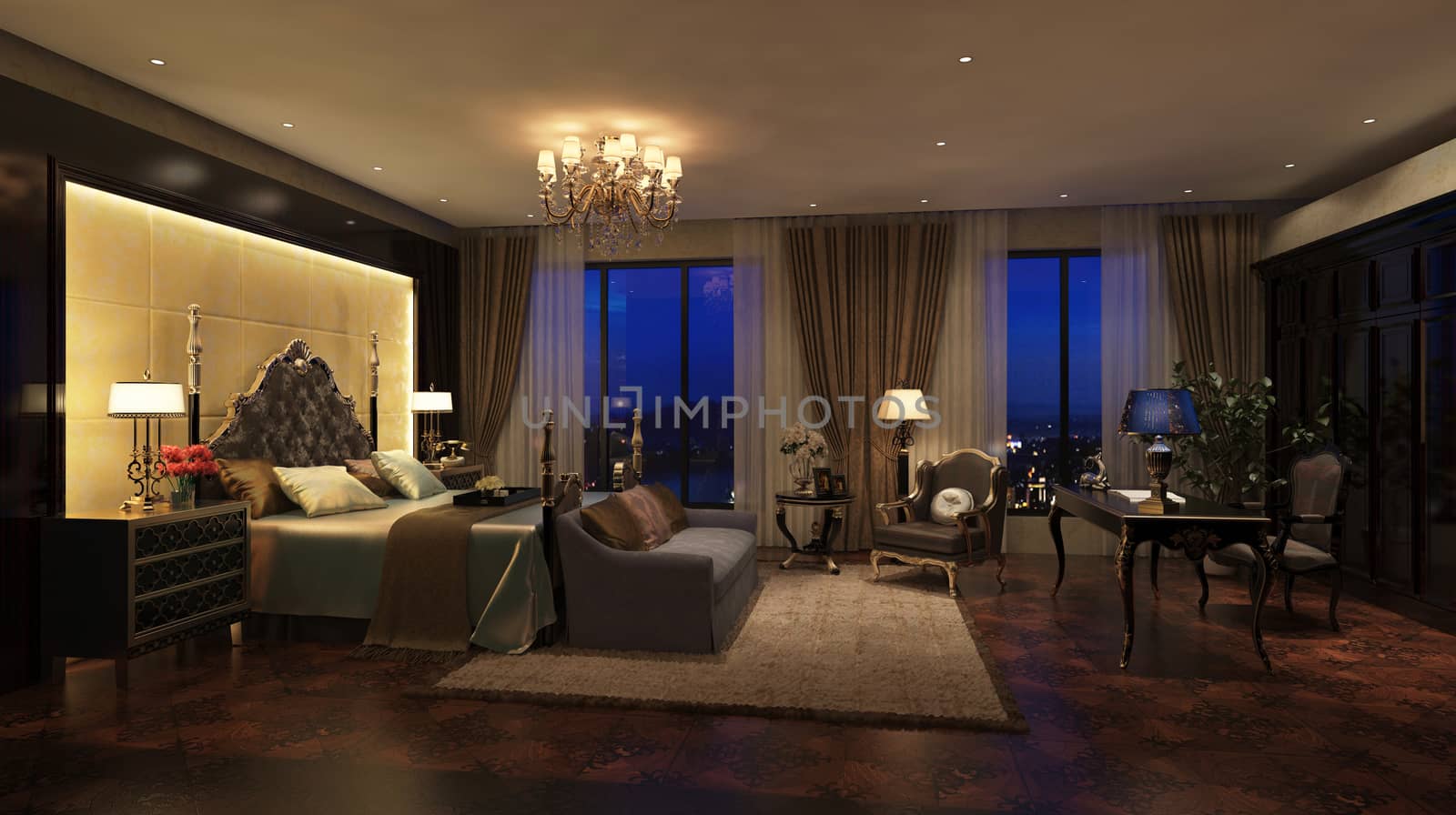 Photorealistic 3d rendering of the hotel room interior