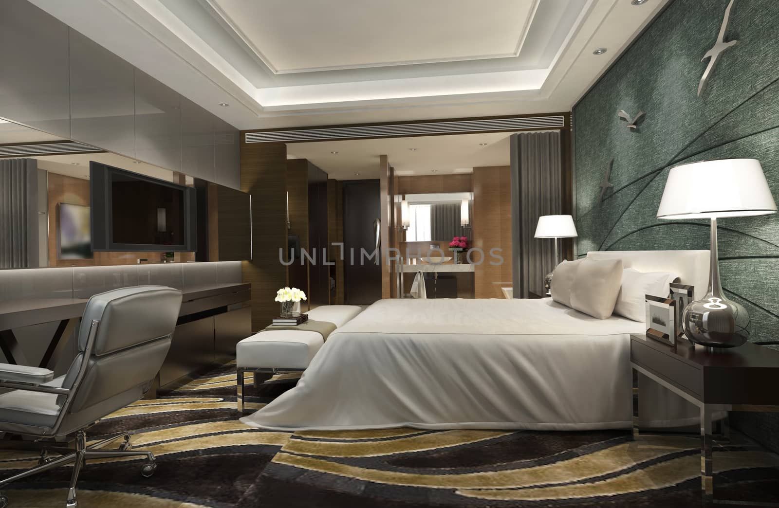 Photorealistic 3d rendering of the hotel room interior