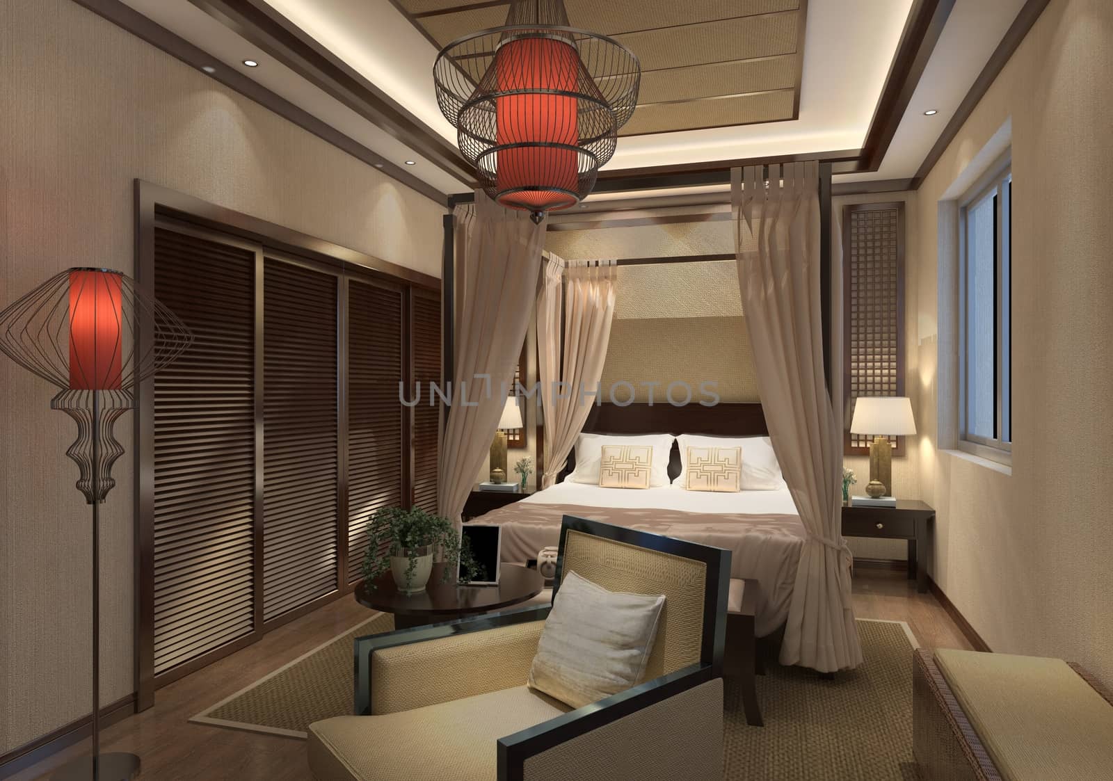 Photorealistic 3d rendering of the hotel room interior