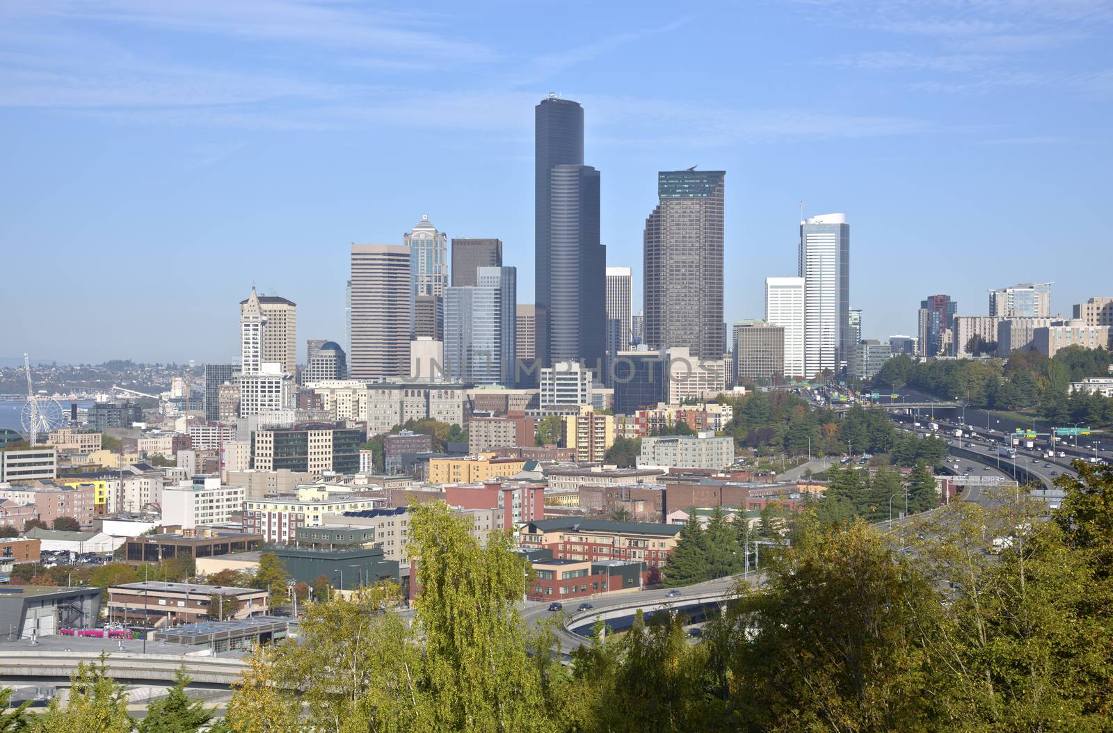 Seattle downtown buildings architecture and freeways Washington state.