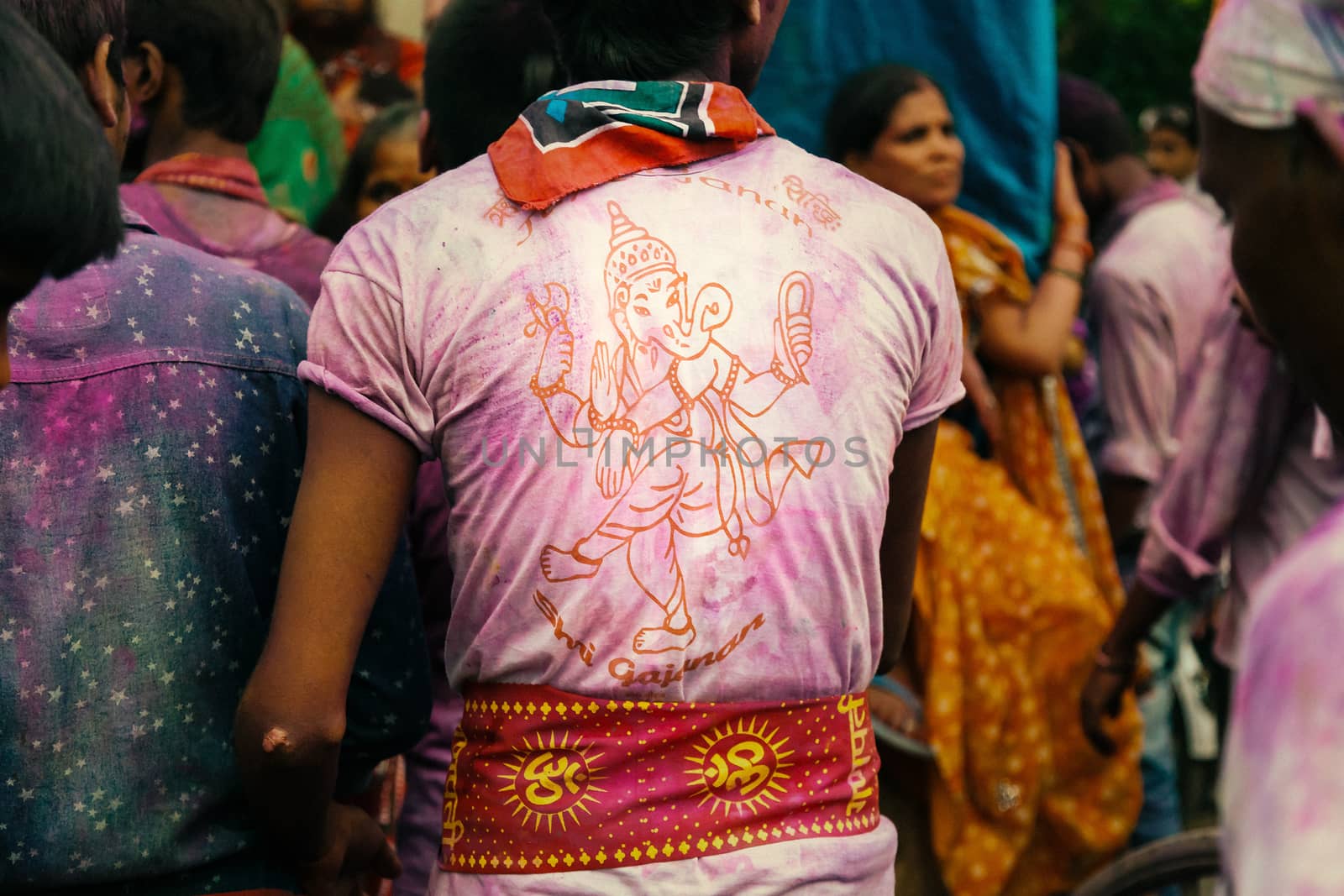 Devotee wearing Tshirts with Hindu God Idol and Om printed on it, during Ganpati Festival, 27 Sep 2015, Kanpur, INDIA