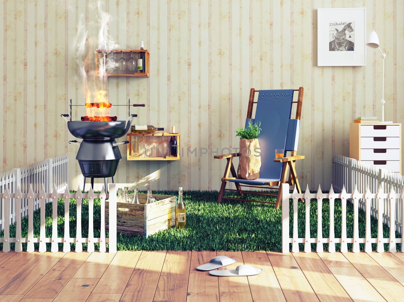 barbecue in a living room. 3d illustration creative concept
