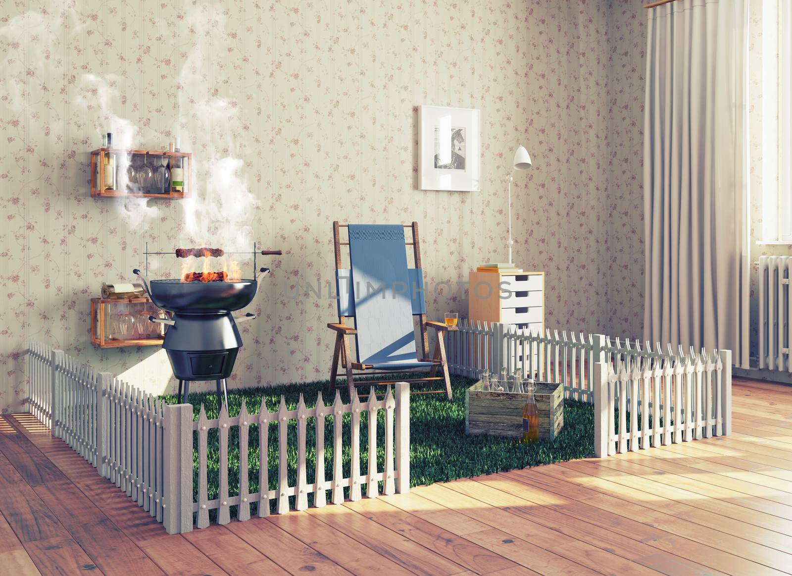 barbecue in a living room. 3d creative concept