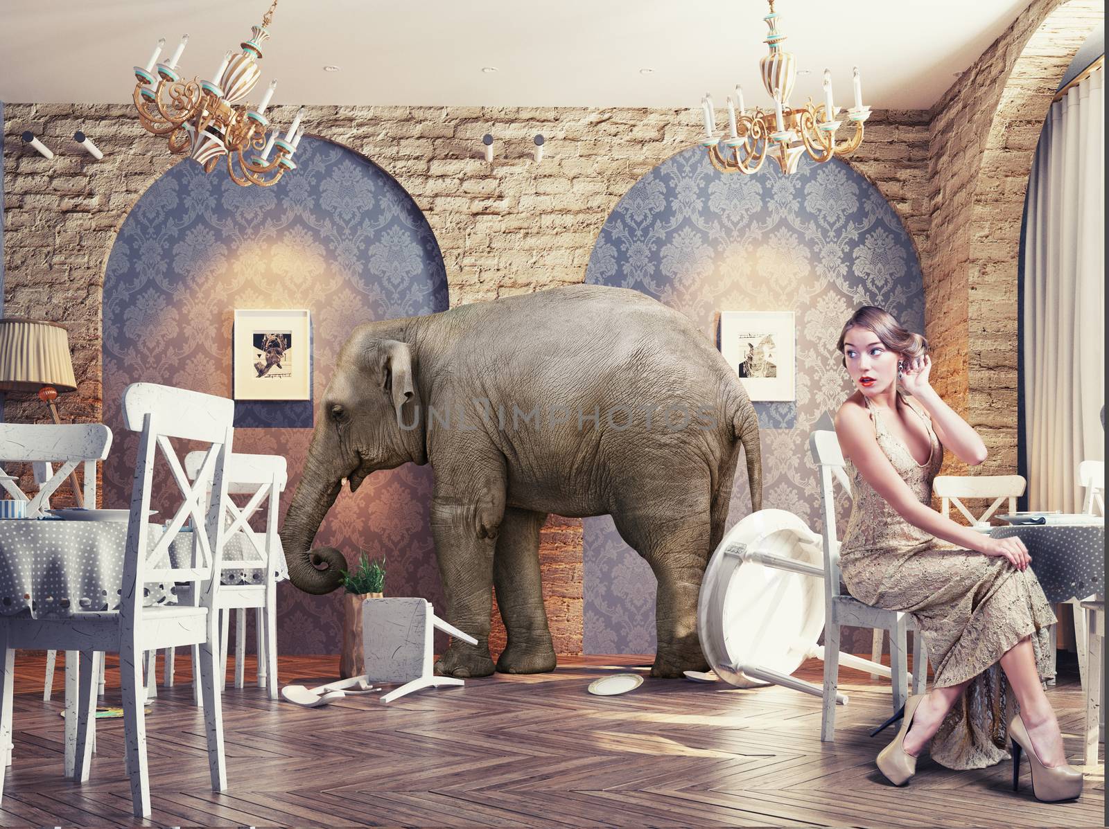 an elephant calm in a restaurant interior. photo combination concept