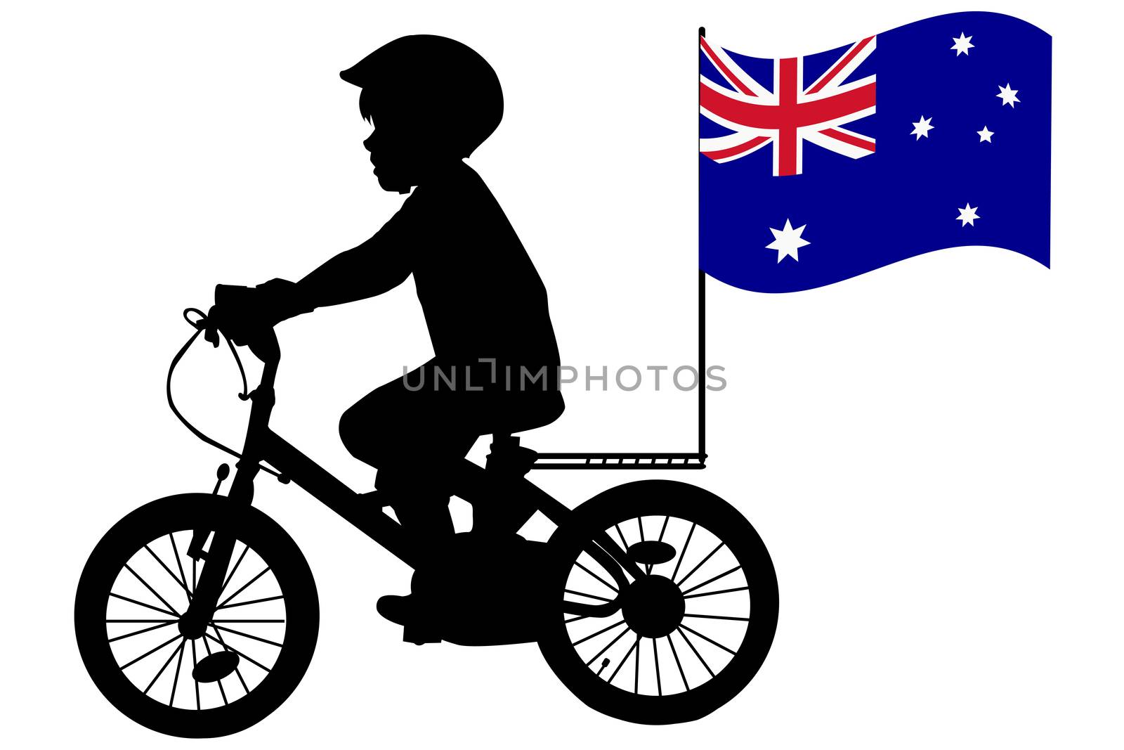 A kid silhouette rides a bicycle with Australia flag