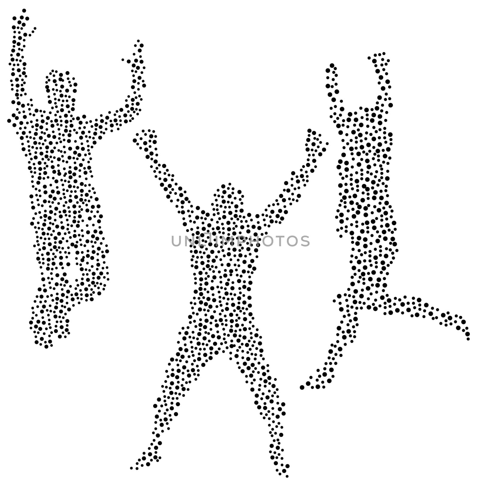 Dots silhouettes of three men jumping