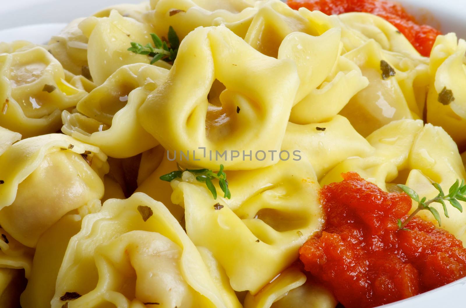 Delicious Meat Cappelletti with Tomatoes Sauce closeup in White Plate