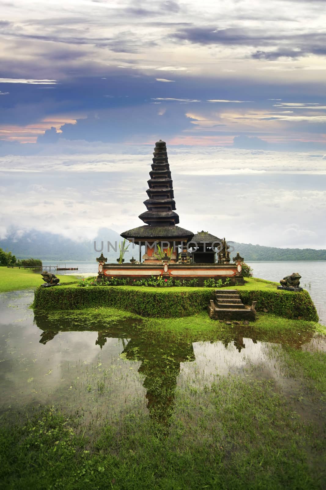 Pura Ulun Danu Temple, Lake Bratan, Bali, Indonesia on sunset