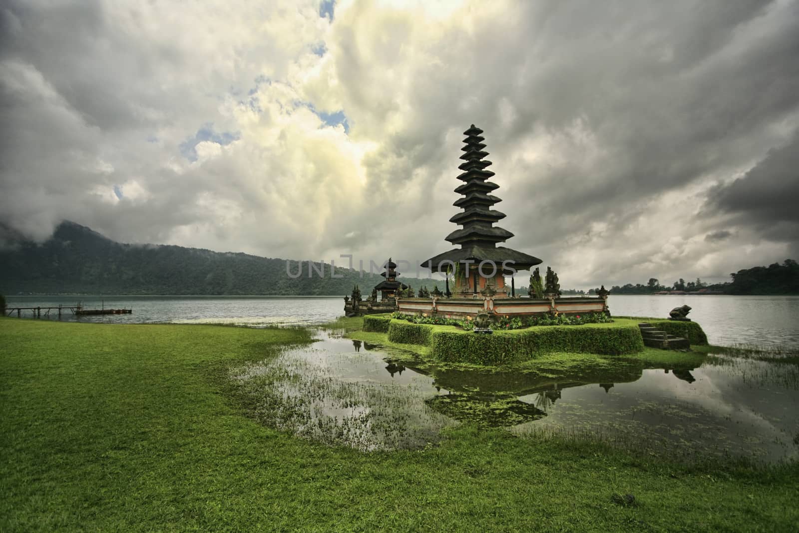 Pura Ulun Danu Temple, Lake Bratan, Bali, Indonesia on sunset