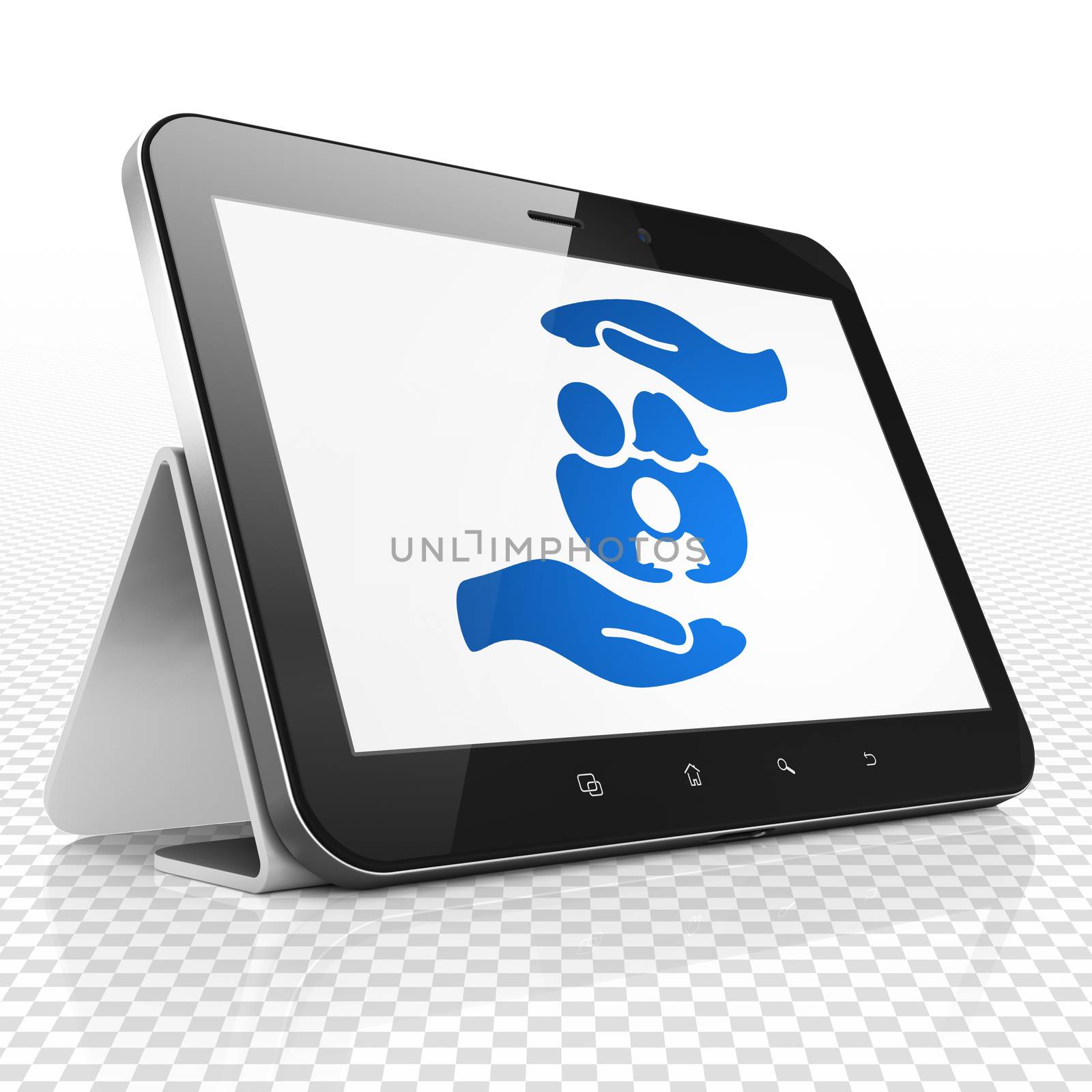 Insurance concept: Tablet Computer with blue Family And Palm icon on display