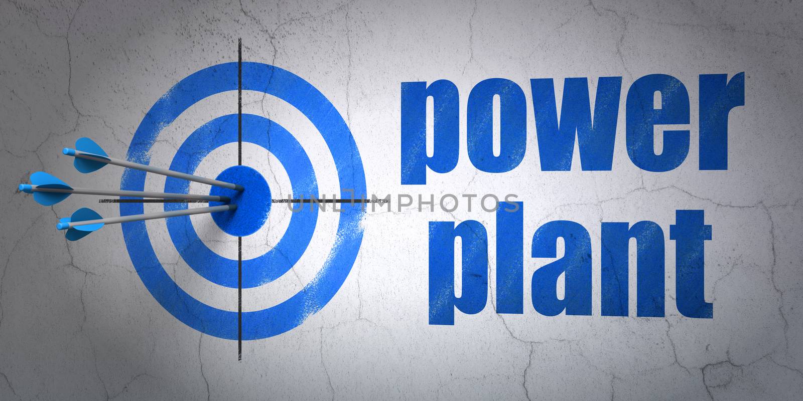 Success Industry concept: arrows hitting the center of target, Blue Power Plant on wall background