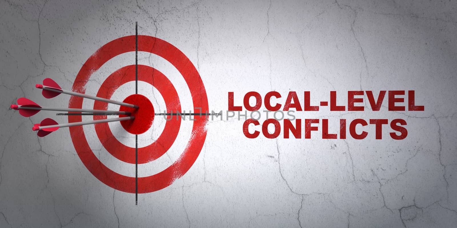 Success politics concept: arrows hitting the center of target, Red Local-level Conflicts on wall background