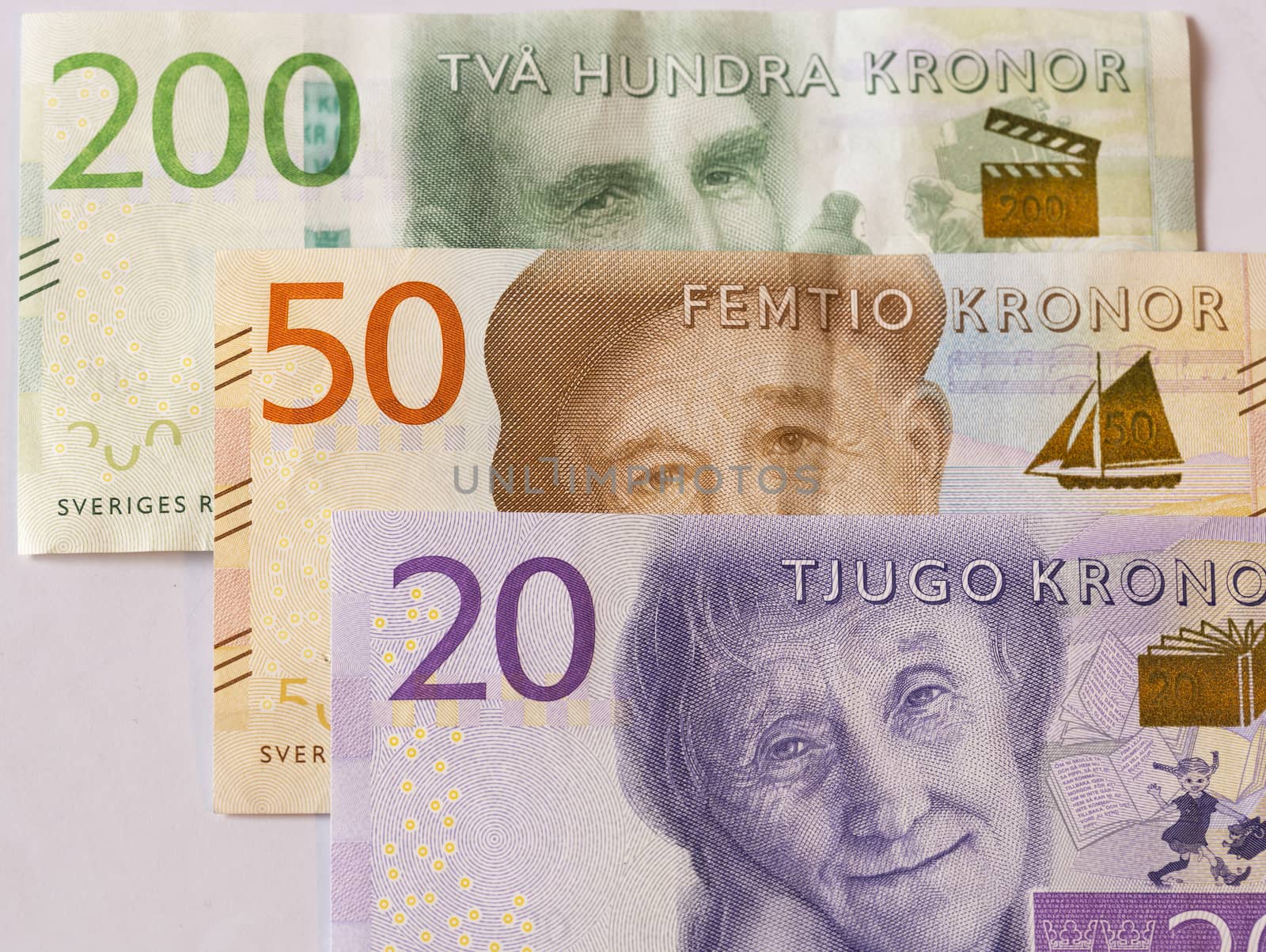 Swedish Currency New 20, 50, 200 note Close up. Introduced in 2015.
