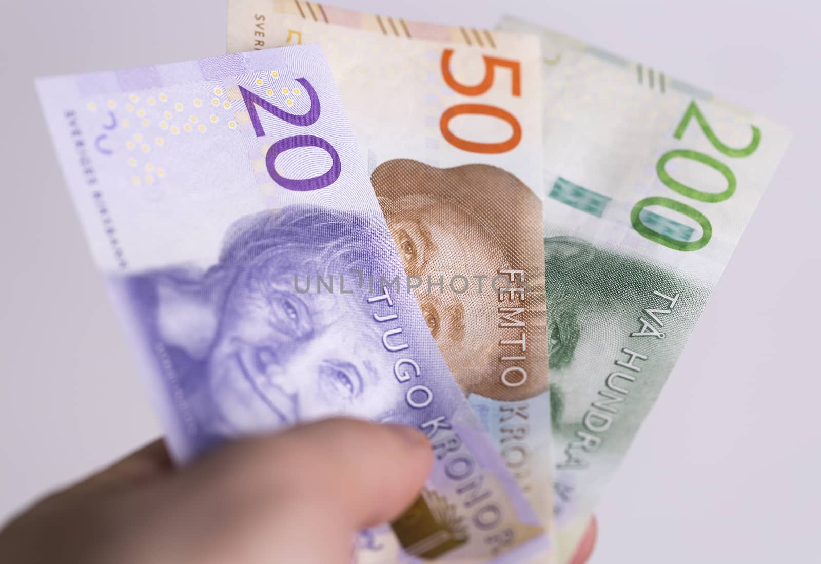 Swedish Currency New 20, 50, 200 note close up. Helt in hand. Introduced in 2015.