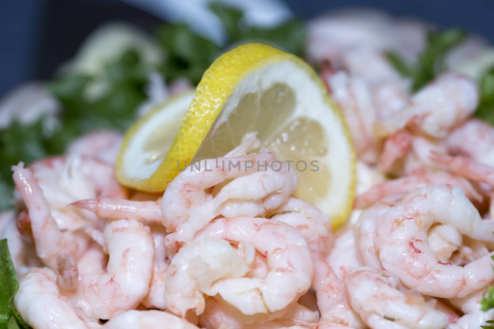 Shrimp on a Sandwich Layer Cake close up.