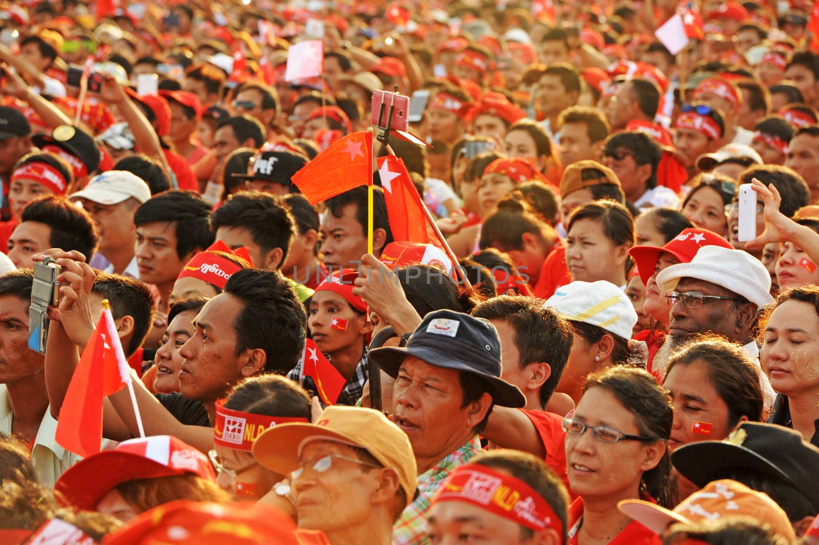 MYANMAR, Yangon : Tens of thousands of people gathered in Yangon on November 1st, 2015 in support of opposition leader of the National League for Democracy party and Nobel Peace Prize Aung San Suu Kyi, one week before general elections. 