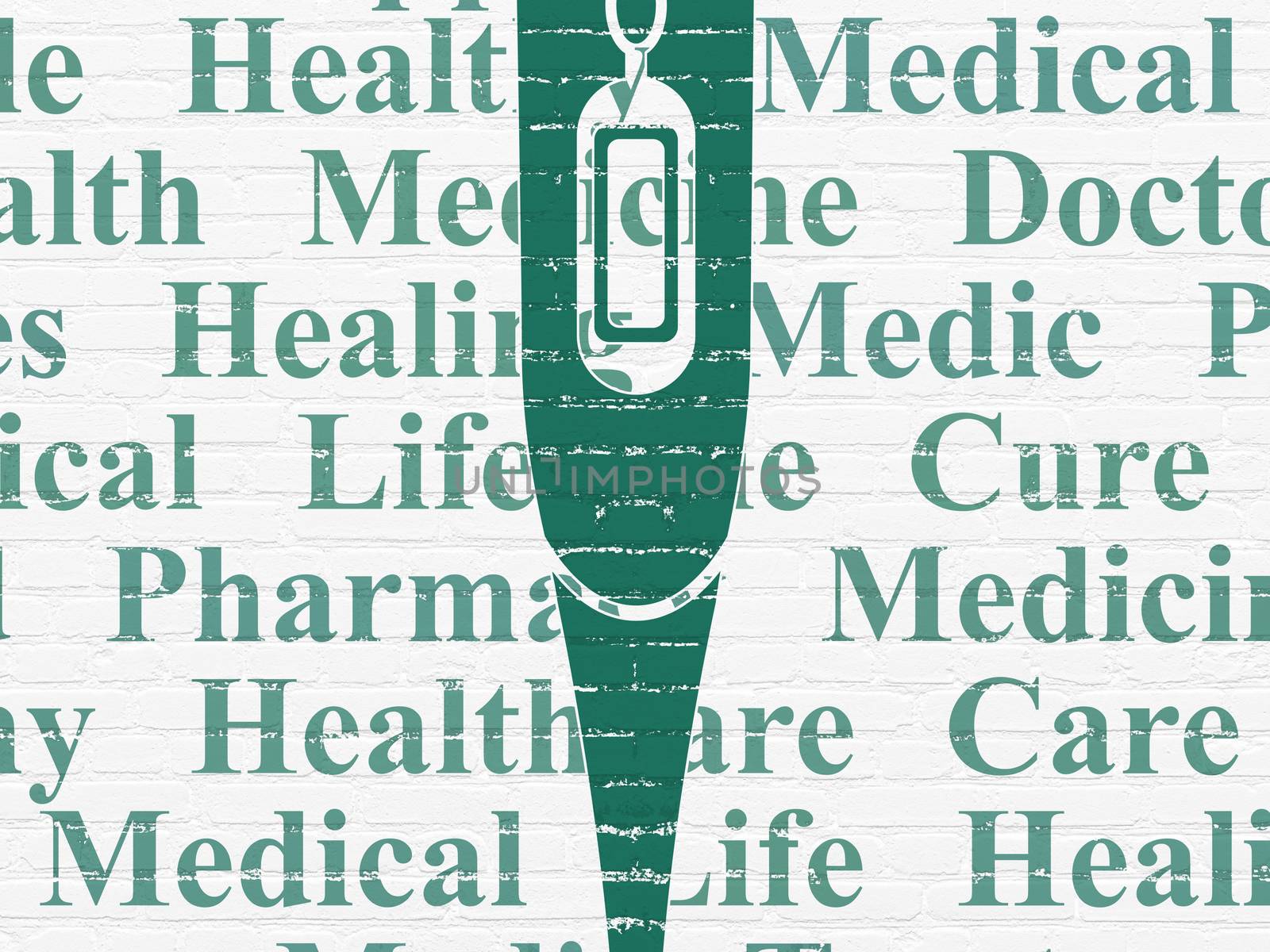 Medicine concept: Painted green Thermometer icon on White Brick wall background with  Tag Cloud