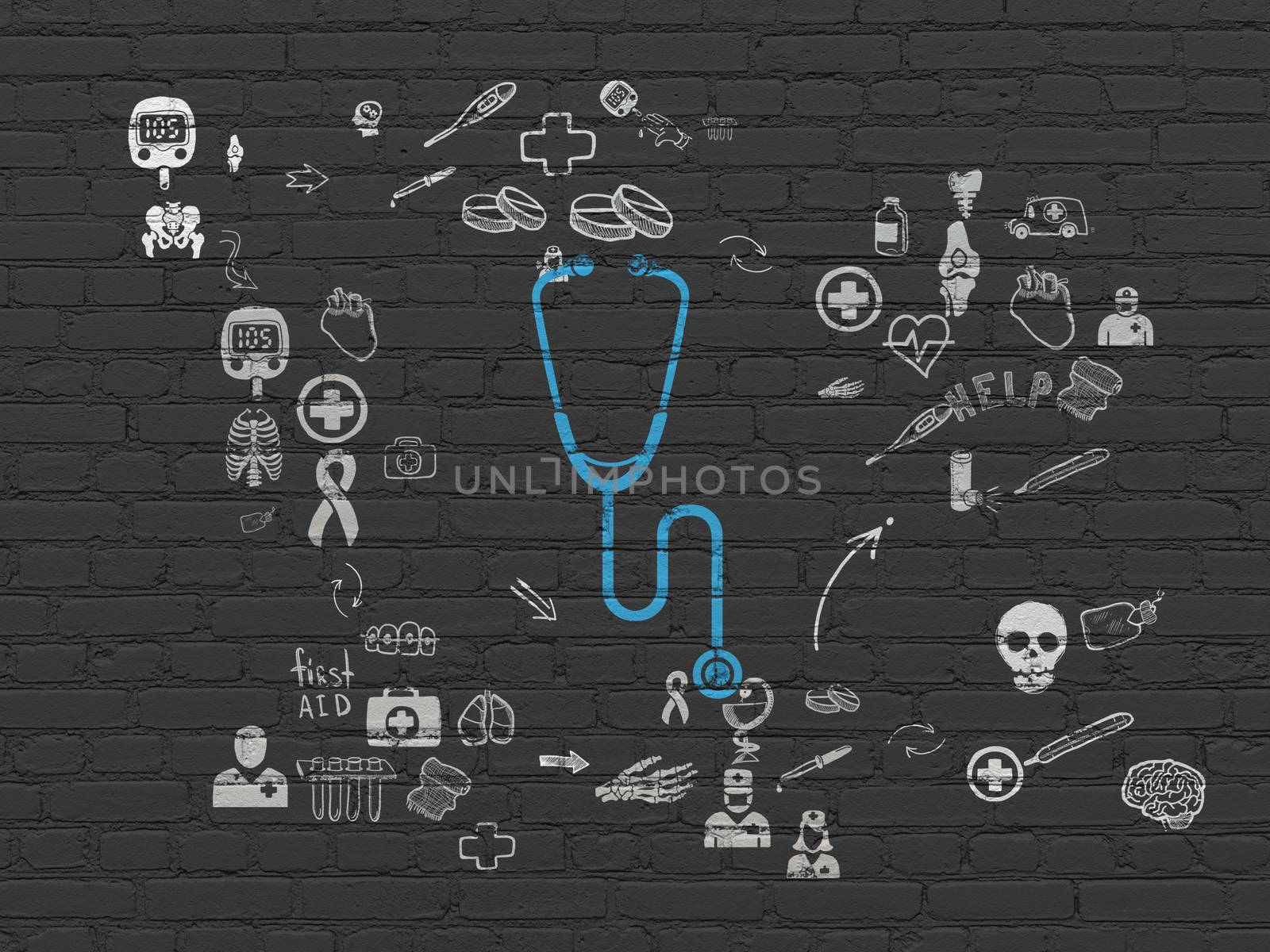 Medicine concept: Painted blue Stethoscope icon on Black Brick wall background with Scheme Of Hand Drawn Medicine Icons