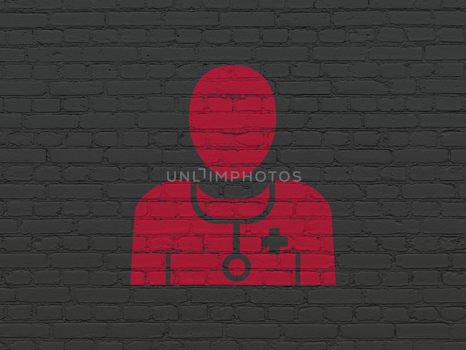 Healthcare concept: Painted red Doctor icon on Black Brick wall background