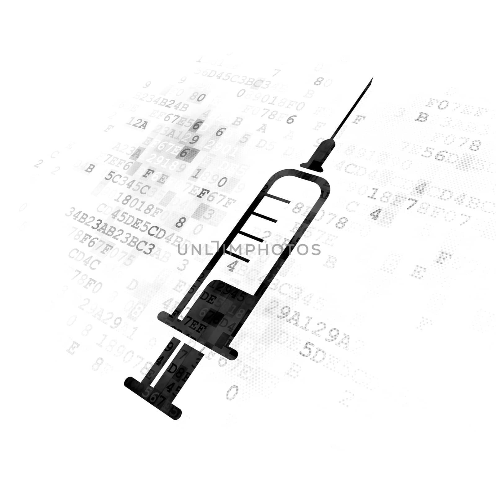 Medicine concept: Pixelated black Syringe icon on Digital background