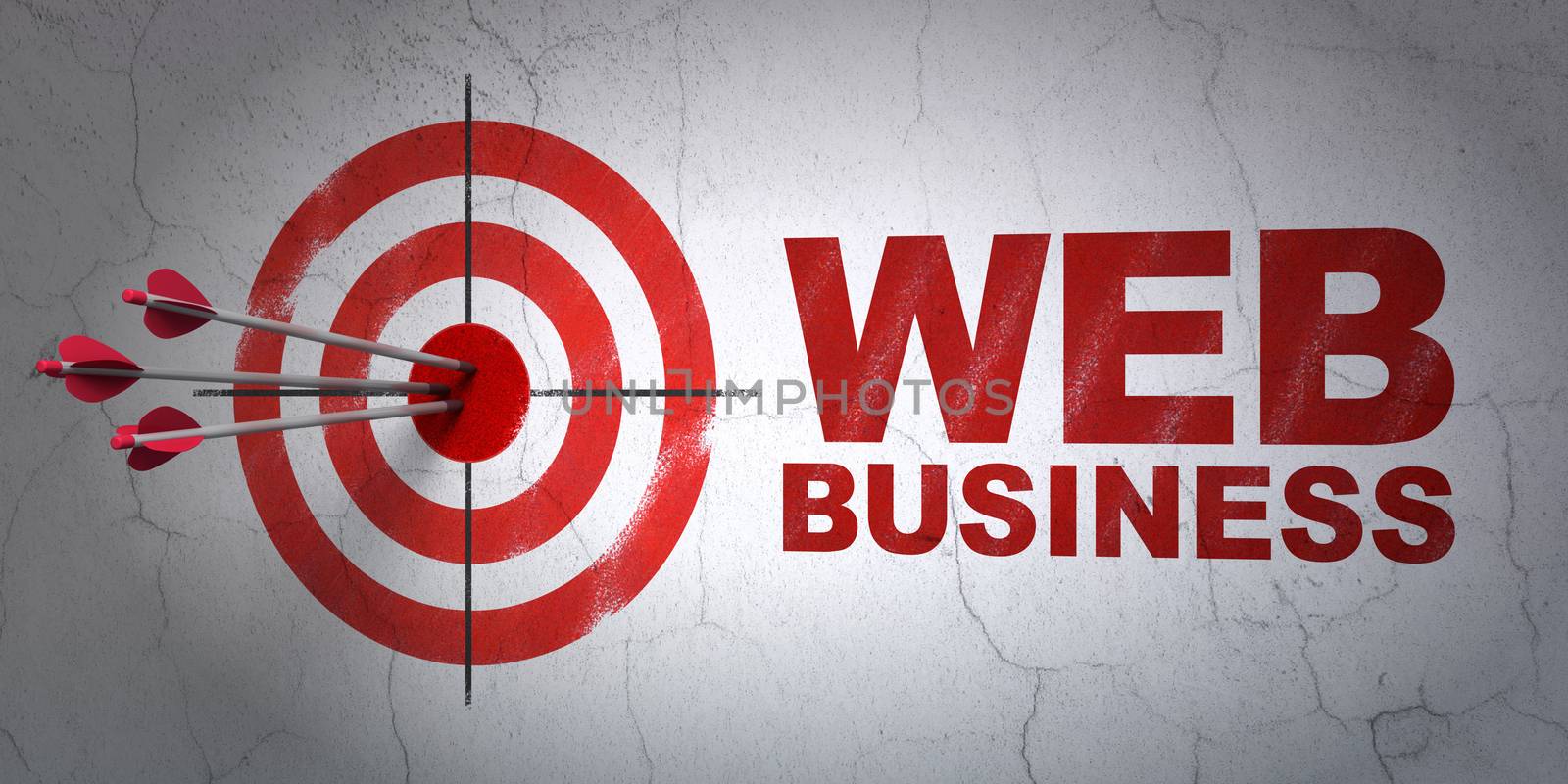 Success web design concept: arrows hitting the center of target, Red Web Business on wall background