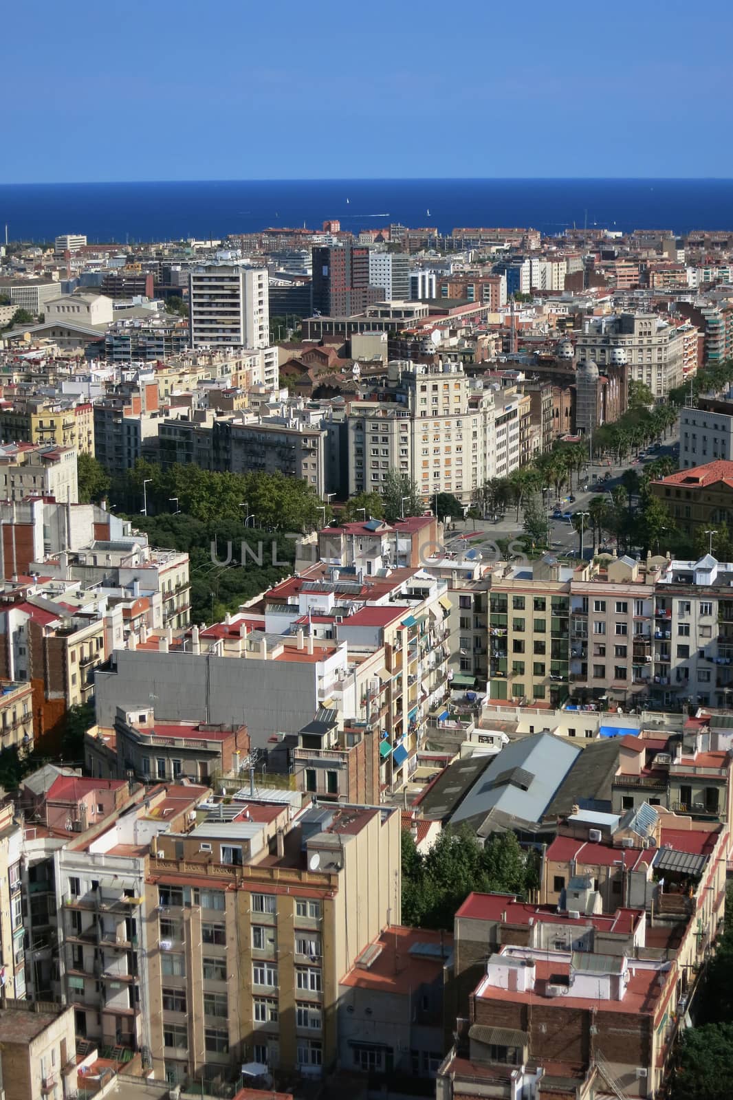 View over the city Barcelona to the ocean