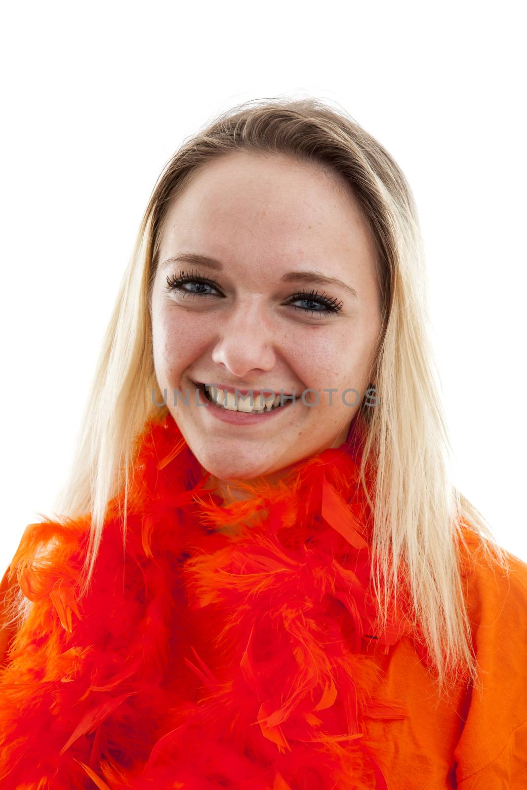 Young woman as Dutch orange supporter over whiwte background
