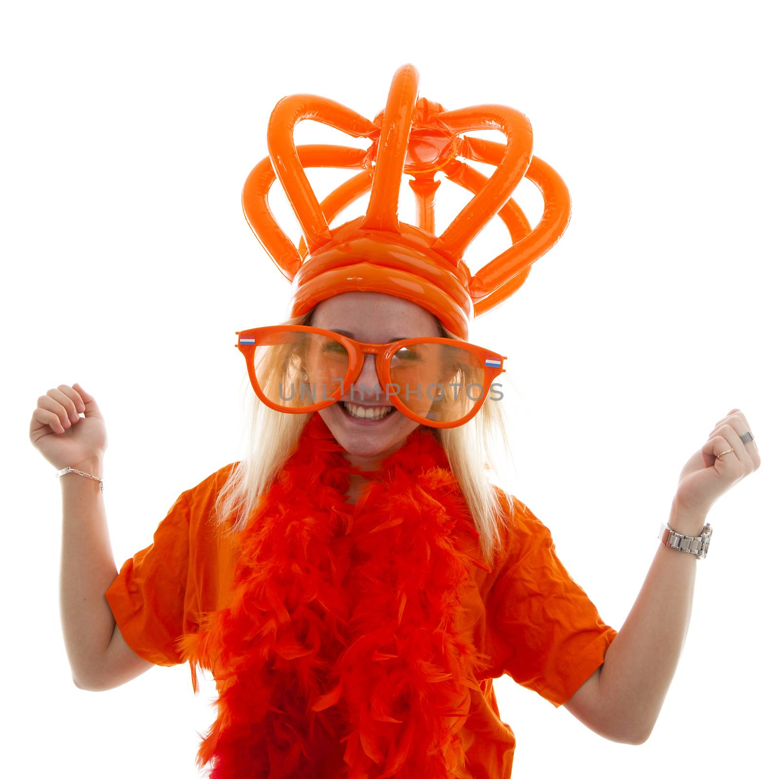 Young woman as Dutch orange supporter with crown over white background