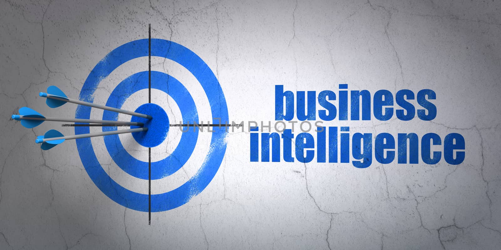 Success finance concept: arrows hitting the center of target, Blue Business Intelligence on wall background