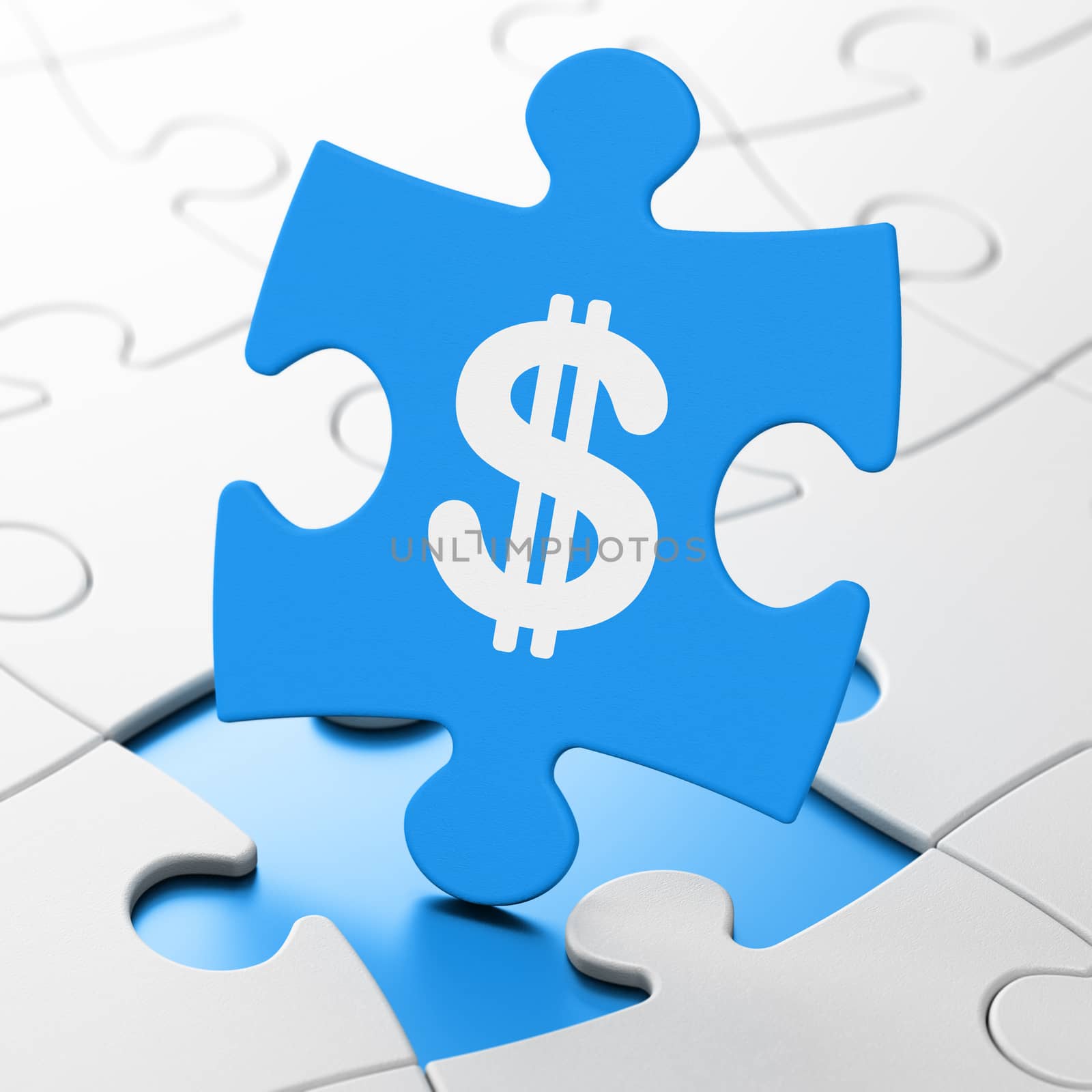 Money concept: Dollar on Blue puzzle pieces background, 3d render