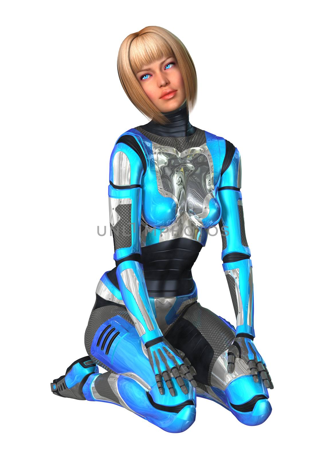 3D digital render of a female cyborg isolated on white background