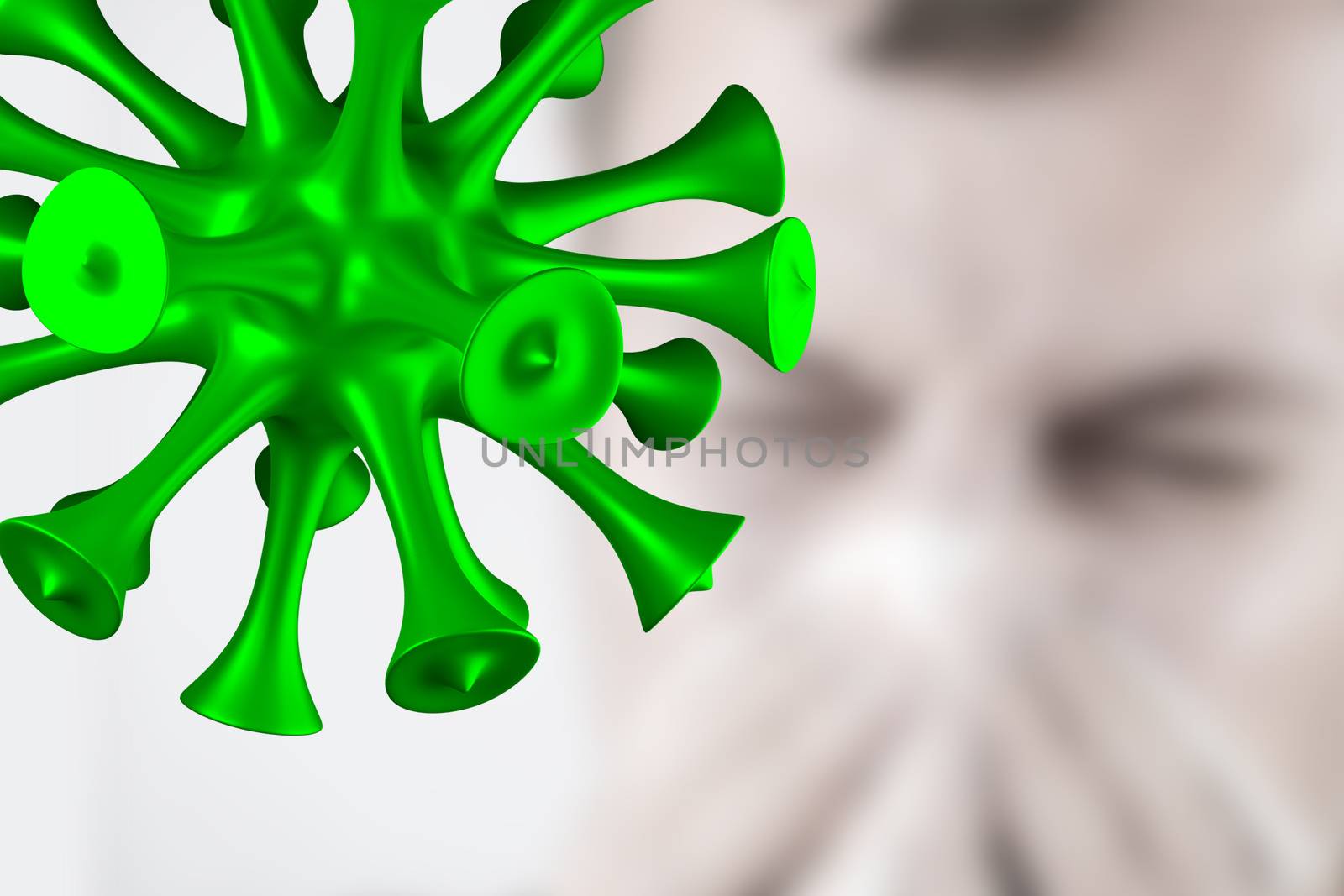 Portrait of a virus and man who is sneezing in a tissue