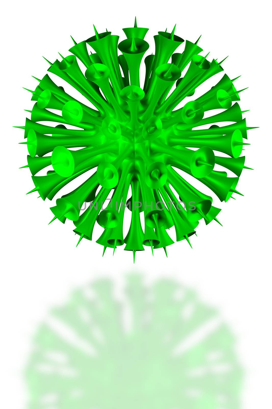 Illustration of a fictitious green virus on white background