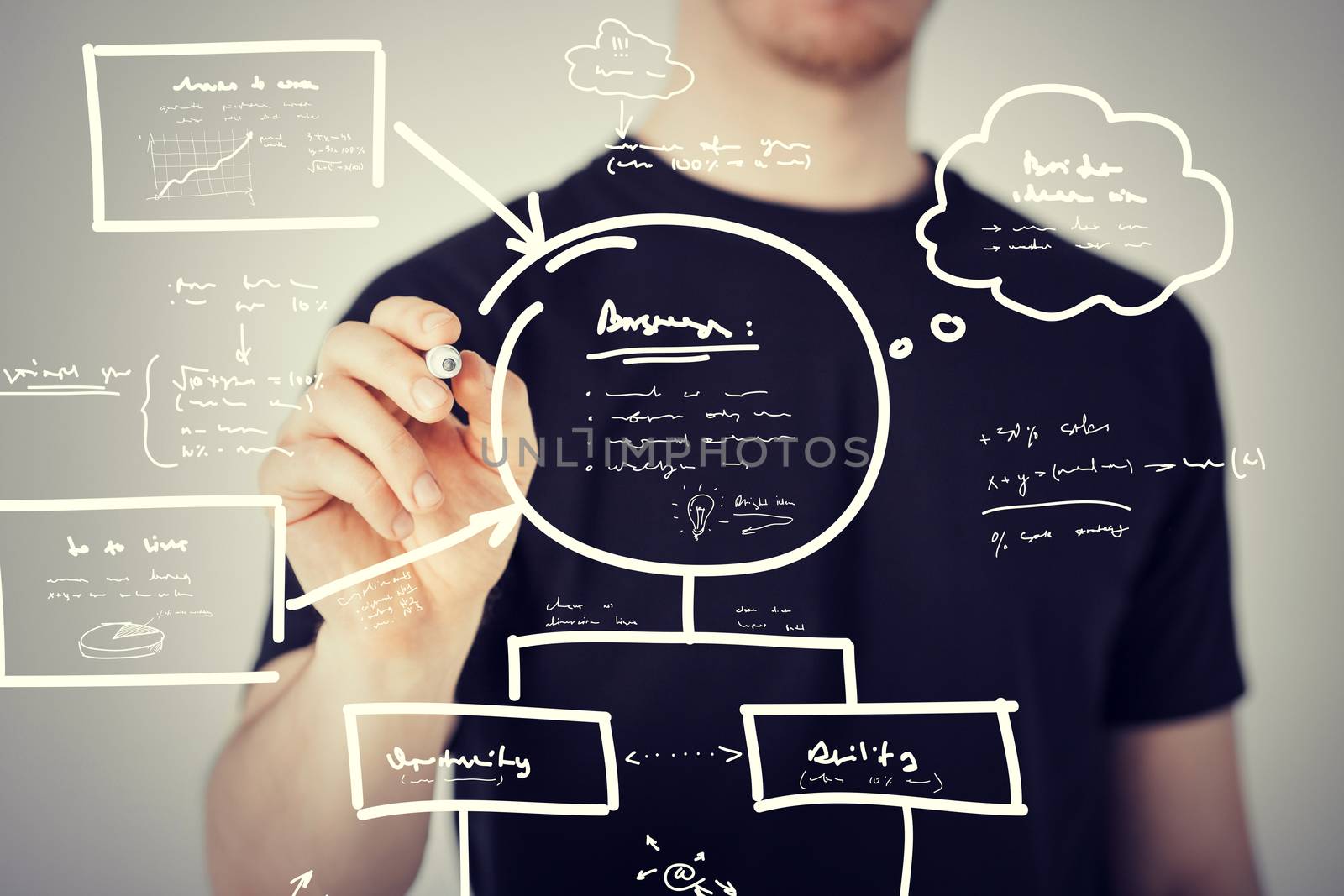 business, education and technology - man drawing plan on the virtual screen