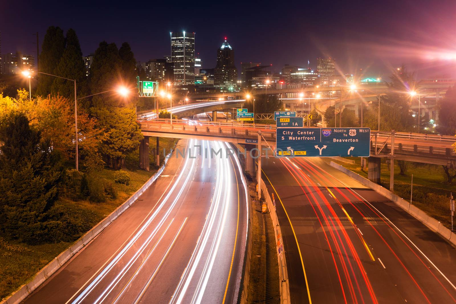 Cars create light trails in a long exposure over I-5 in Portland